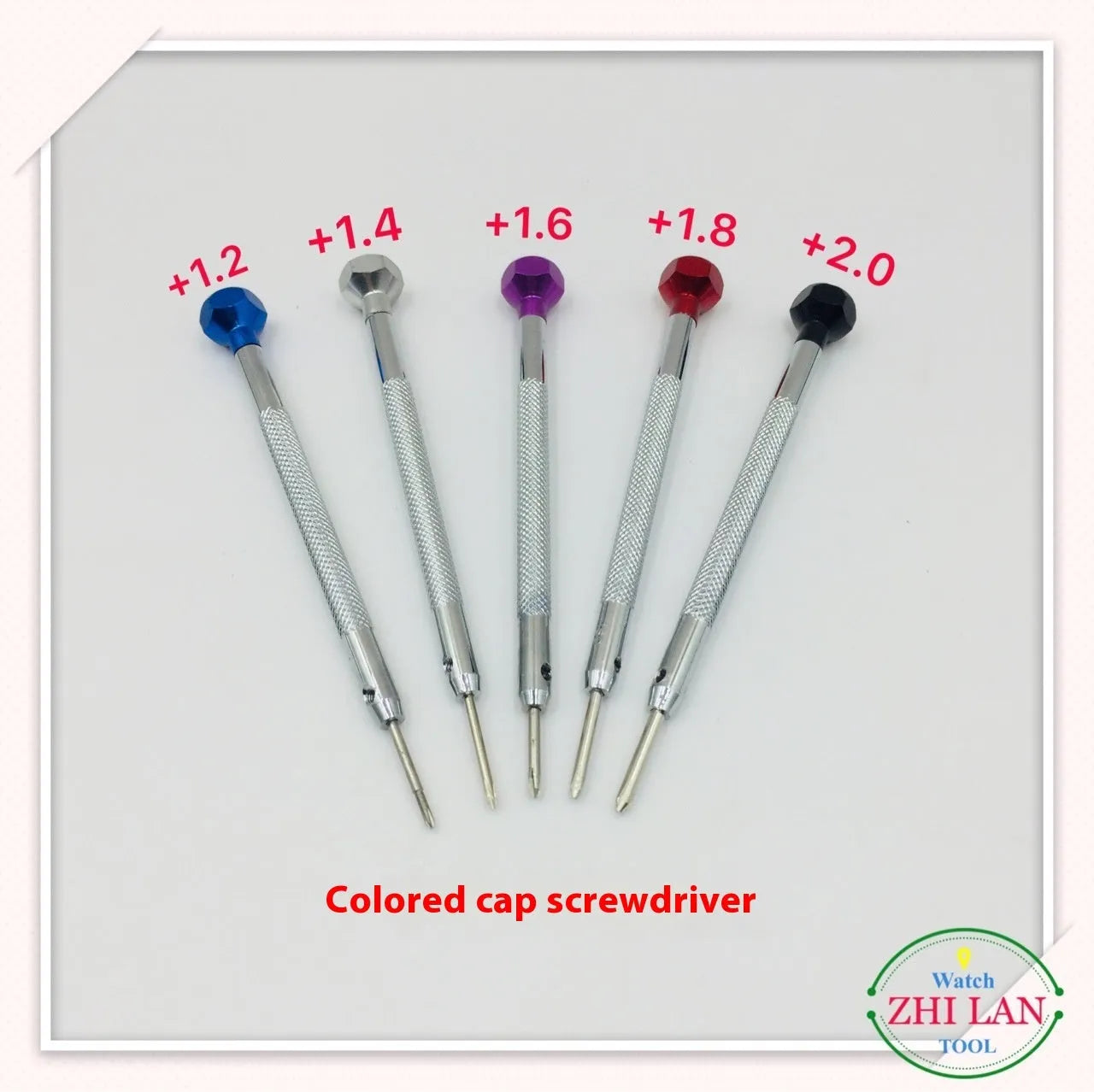 Six colour-coded aluminium suit screwdrivers for watch repair with copper handles and spring steel cutter heads