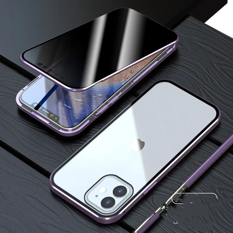 Anti-peep double-sided magneto phone case with metal frame and tempered glass for iPhone – solid colour flip cover