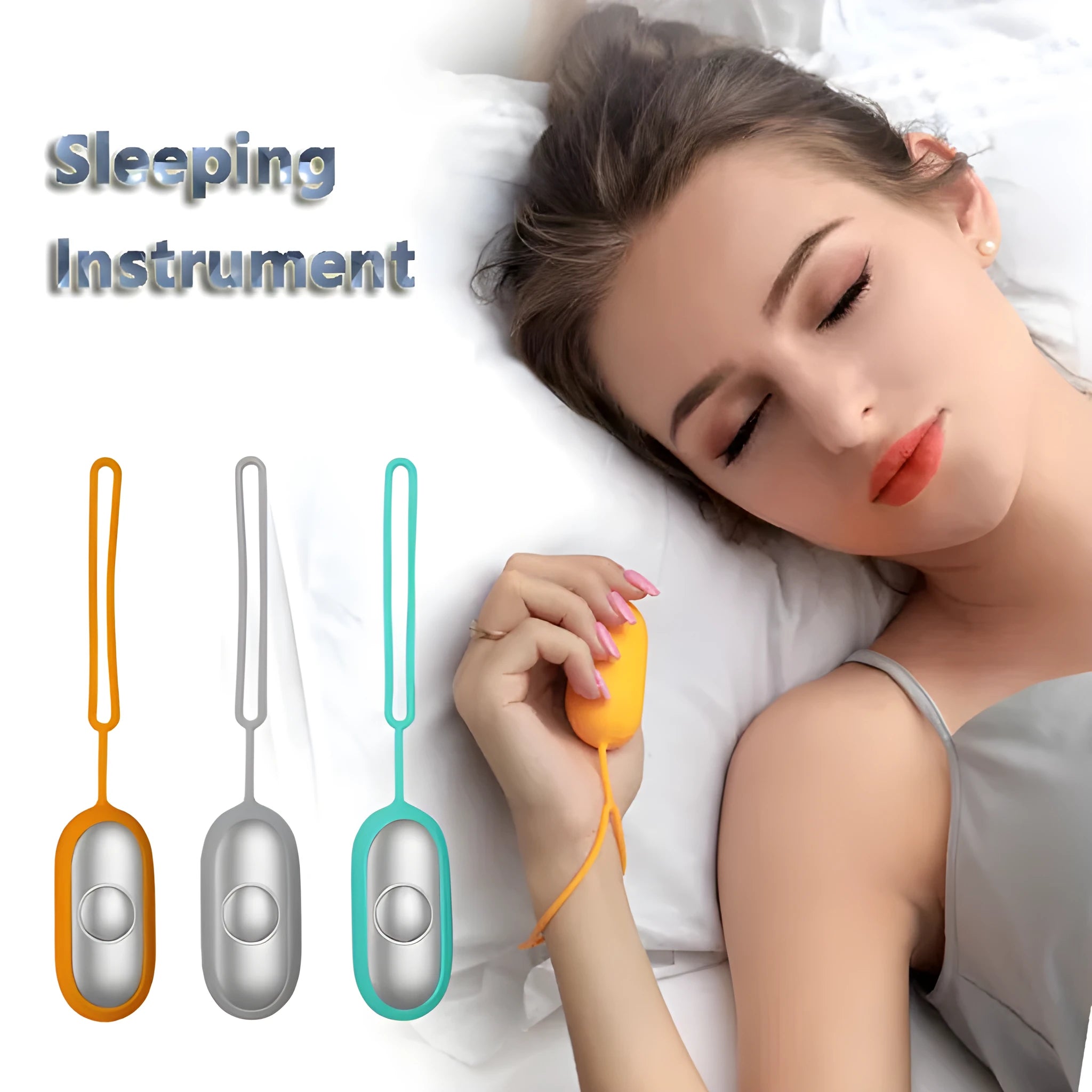 Hand-held micro-current sleep aid device in grey, with round button and micro USB port, on a desk