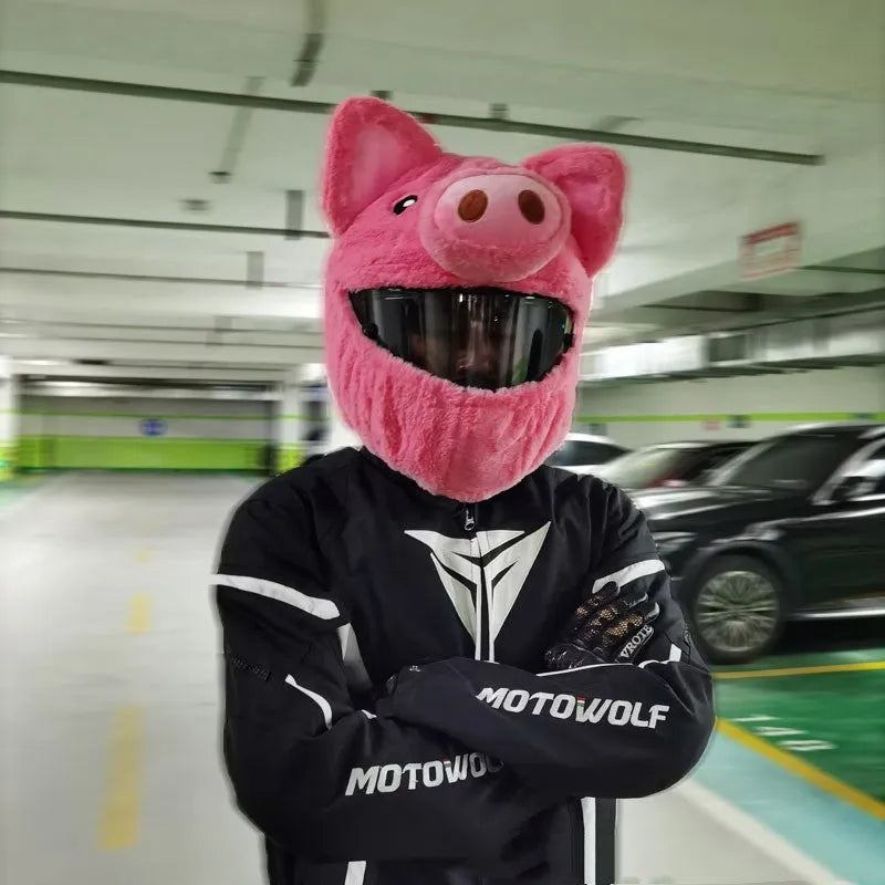 Pink pig cartoon design motorcycle helmet protective hood made from soft pv velvet cloth