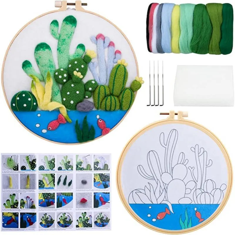 Round linen fabric embroidery kit 20x20cm with free frame flowers grass leaves three-dimensional blanket painting