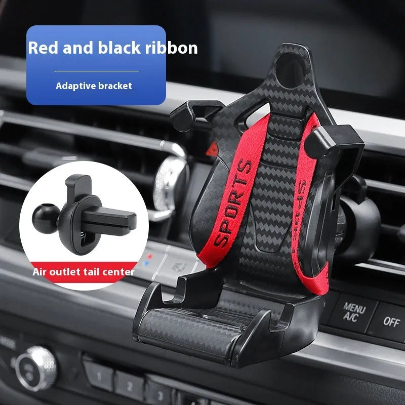 Racing seat shape car phone holder mounted on air vent with gold tape design