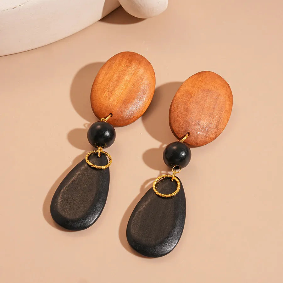 Handcrafted wooden ellipse earrings with silver needle-brown-black colouring in European retro style