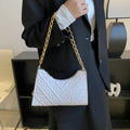 Brown PU leather pleated chain baguette shoulder bag with single strap showing vertical square shape
