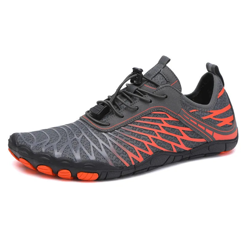 White and pink lace-up outdoor sports shoes with rubber soles on a plain background.