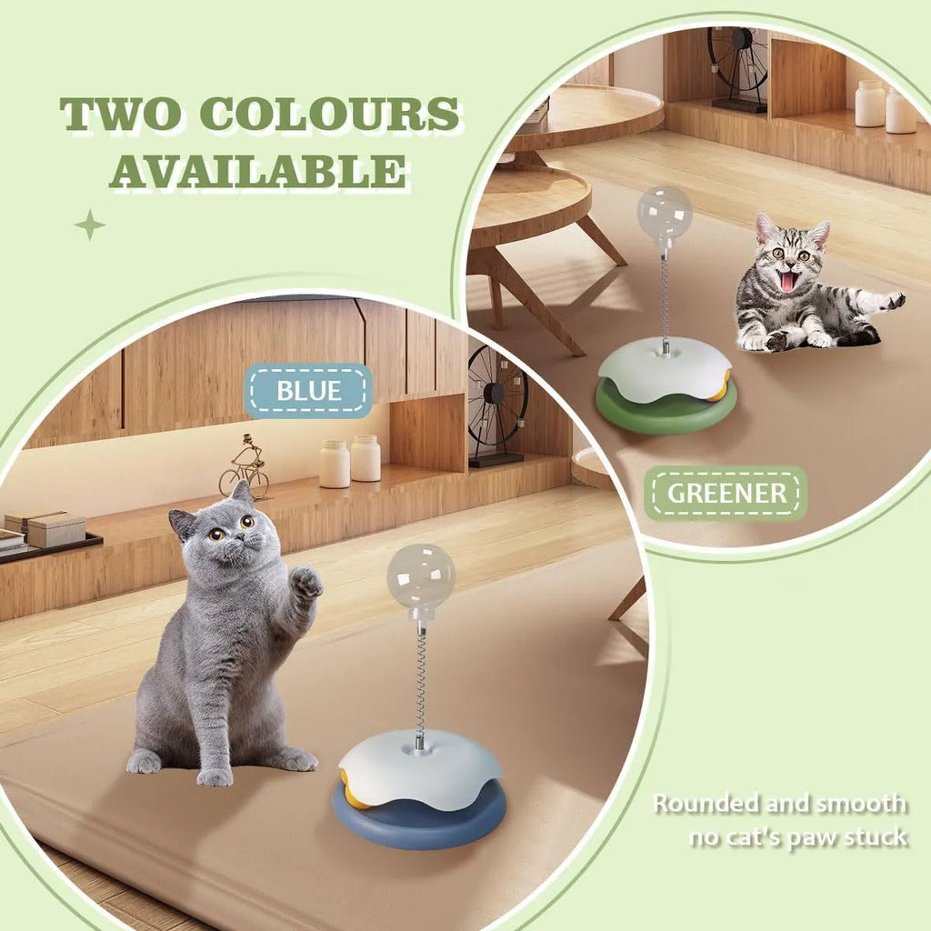 Blue and green PP plastic cat treat dispenser toy with track ball showing detachable components