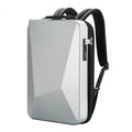 Large grey hard-shell gaming backpack with dual straps, showing lock and internal organiser pockets for computer and phone.