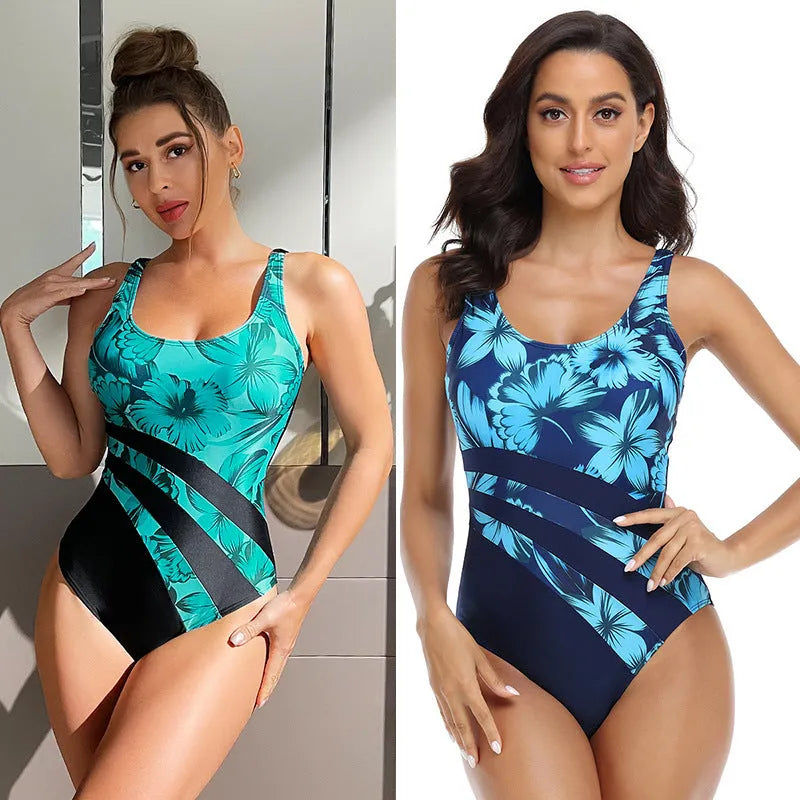Women's blue and green printed one-piece swimsuit with conservative briefs style