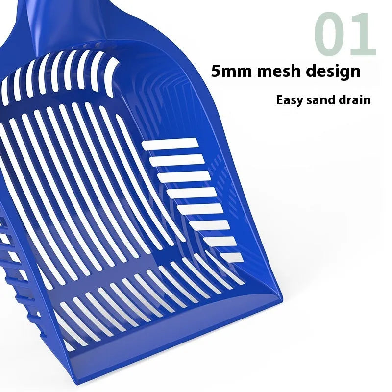 Red, yellow, and blue plastic cat litter scoops showing small and medium size options