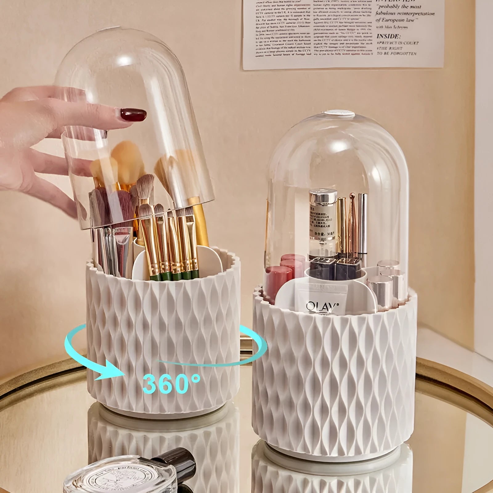 White acrylic makeup brush holder with transparent dust cover and rotating base