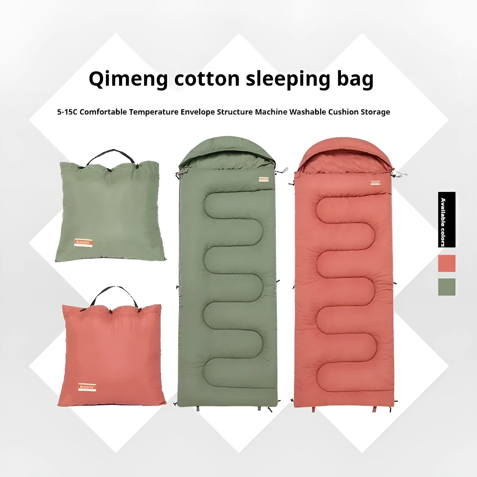 Cotton camping sleeping bag quilt in ochre or olive green colour, showing ultra-light portable design