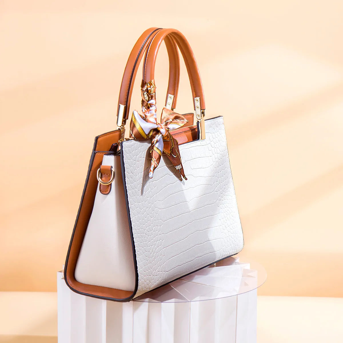 Milky white women's PU leather shoulder handbag with internal organiser compartments