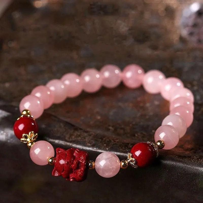 Women's aquamarine crystal bracelet with round natural pink crystal beads, light luxury style, handmade jewellery
