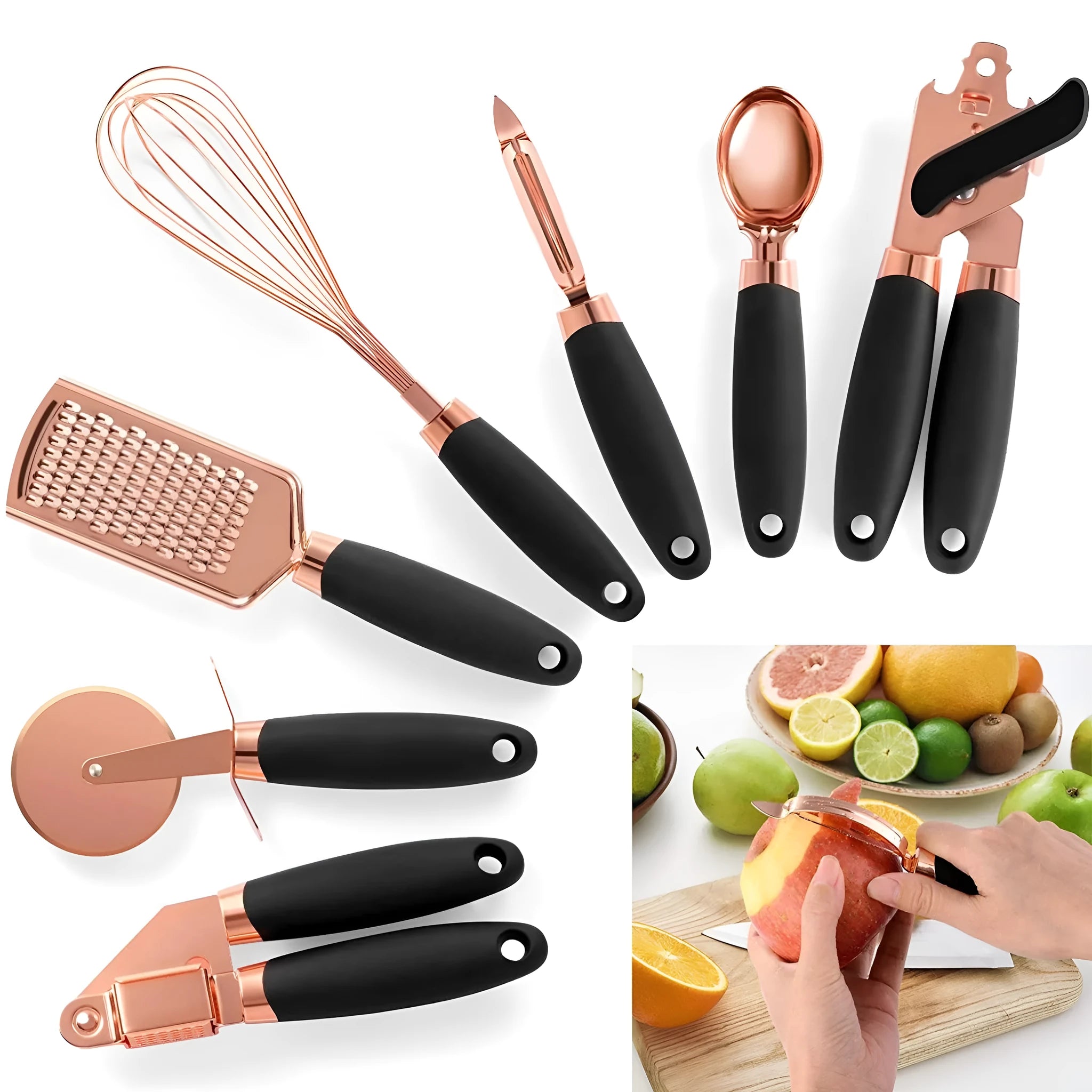 Stainless steel 7-piece kitchen gadget set with bottle opener and can opener in modern minimalist design