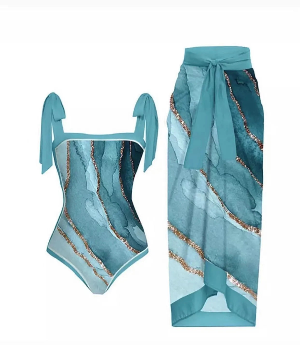 Retro women's one-piece swimsuit with a chiffon skirt in a floral pattern.