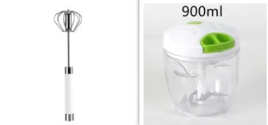 Semi-automatic stainless steel egg beater whisk with hand pressure rotating handle, silvery colour, on white background