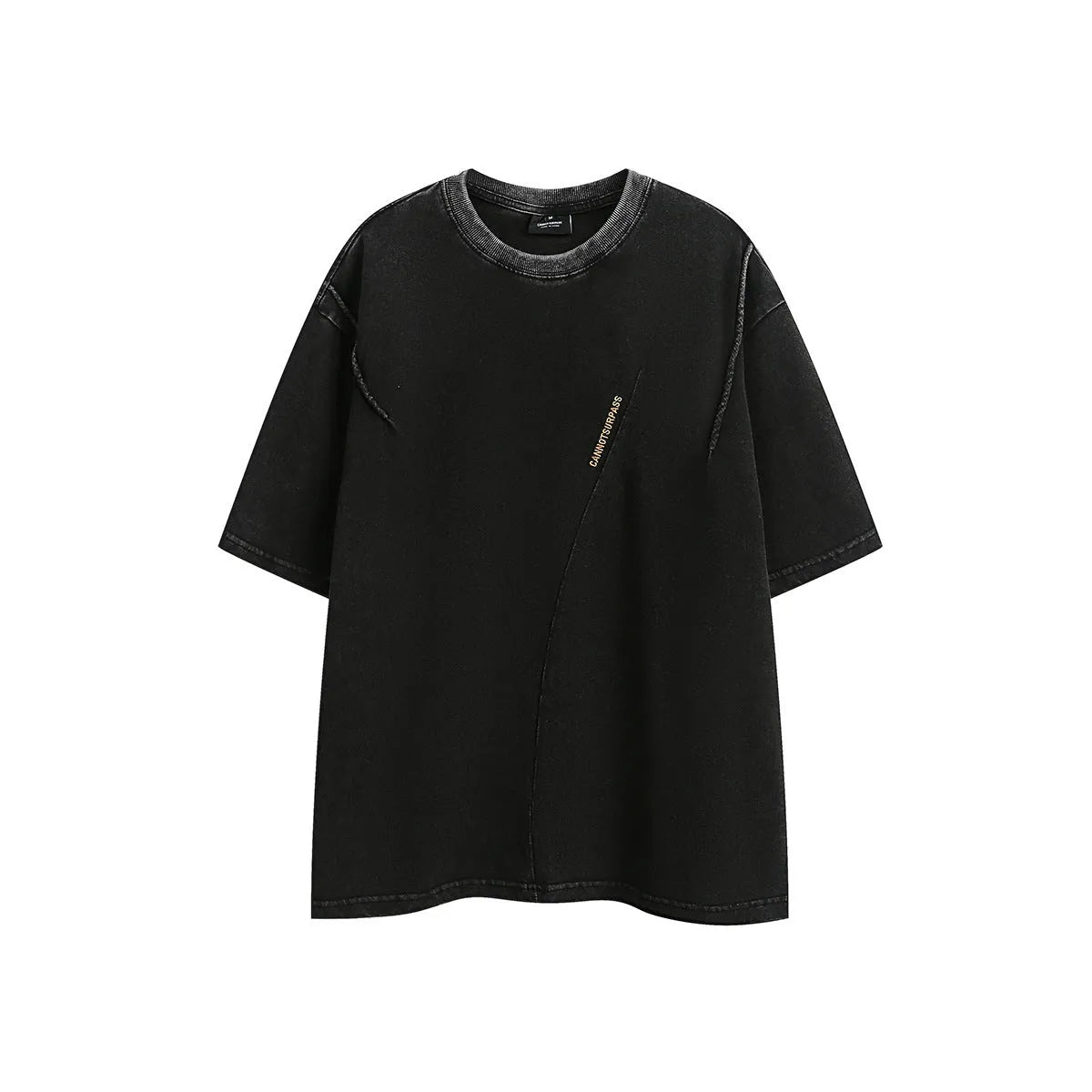 Retro loose fit half-sleeve T-shirt with embroidered detail in washed cotton fabric