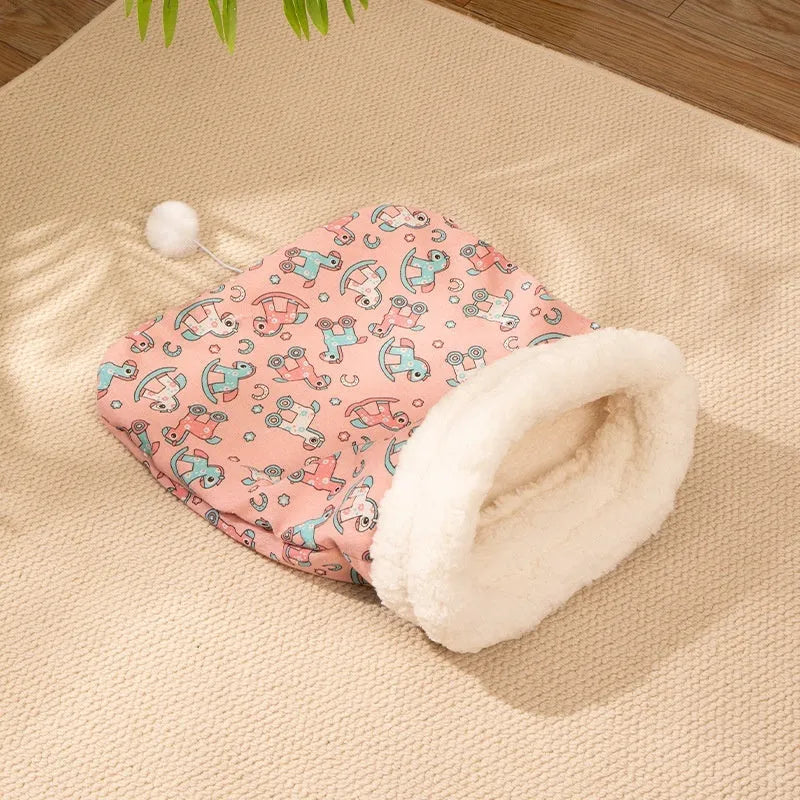 Flannel cat sleeping bag nest with PP cotton filling in blue rabbit design