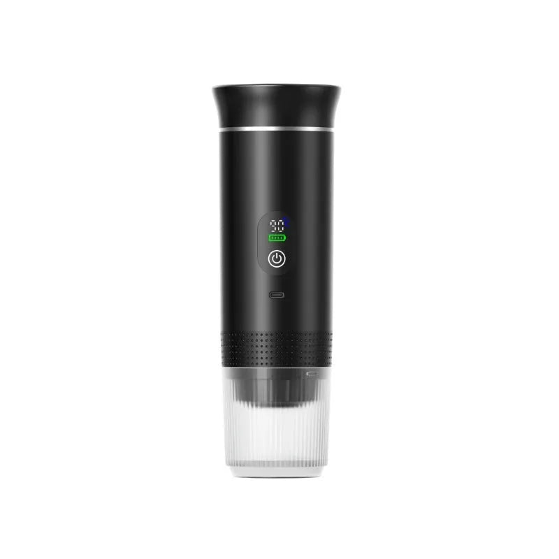 Portable electric capsule coffee machine with LCD display, black plastic body, 80ml water tank, for outdoor travel