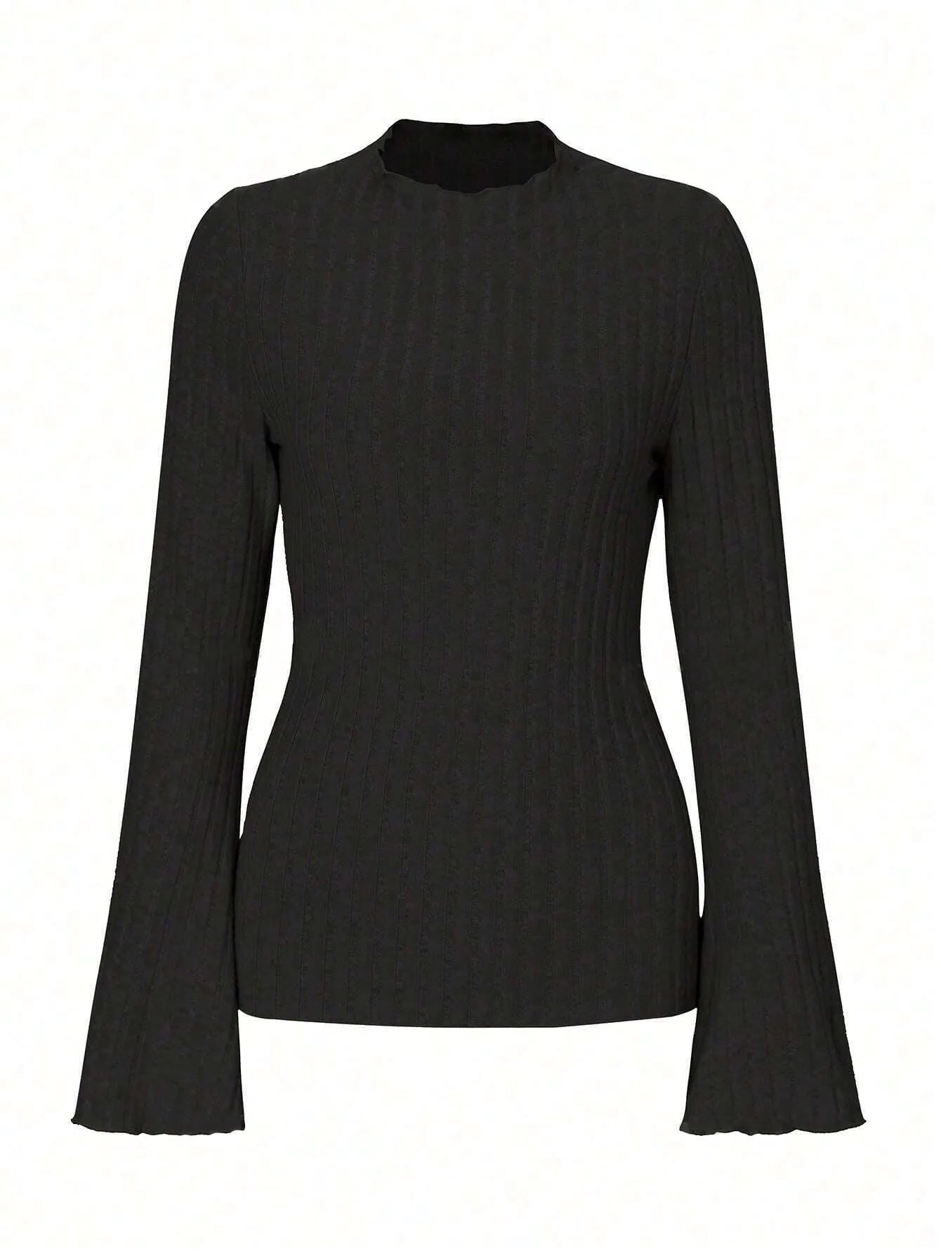 Long sleeve round neck top with lantern sleeves in black colour, loose fit casual styling