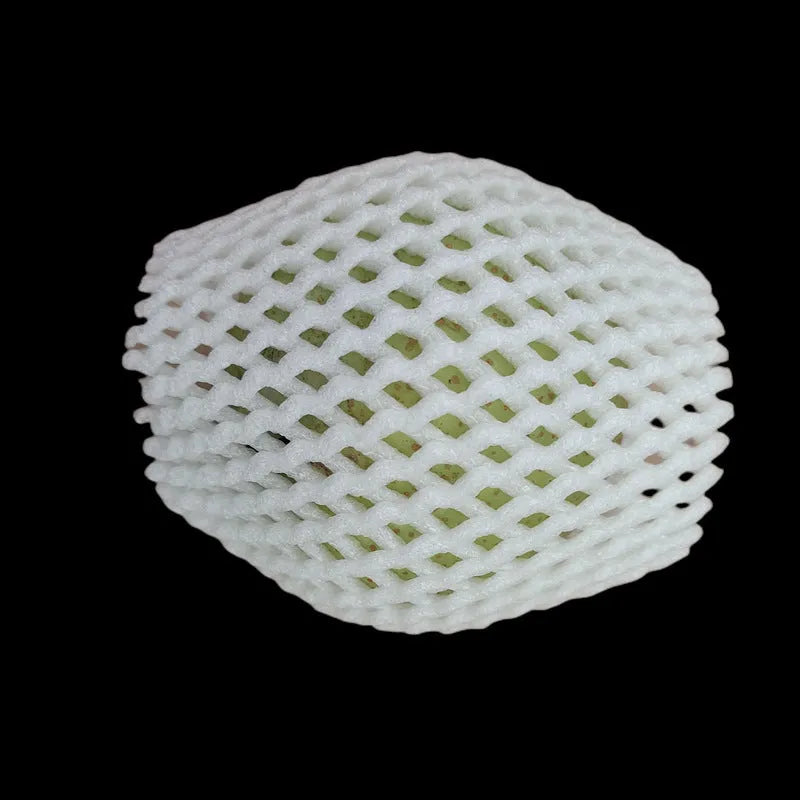 White foam net protective cover for fruit, shown next to an apple, with size options listed.