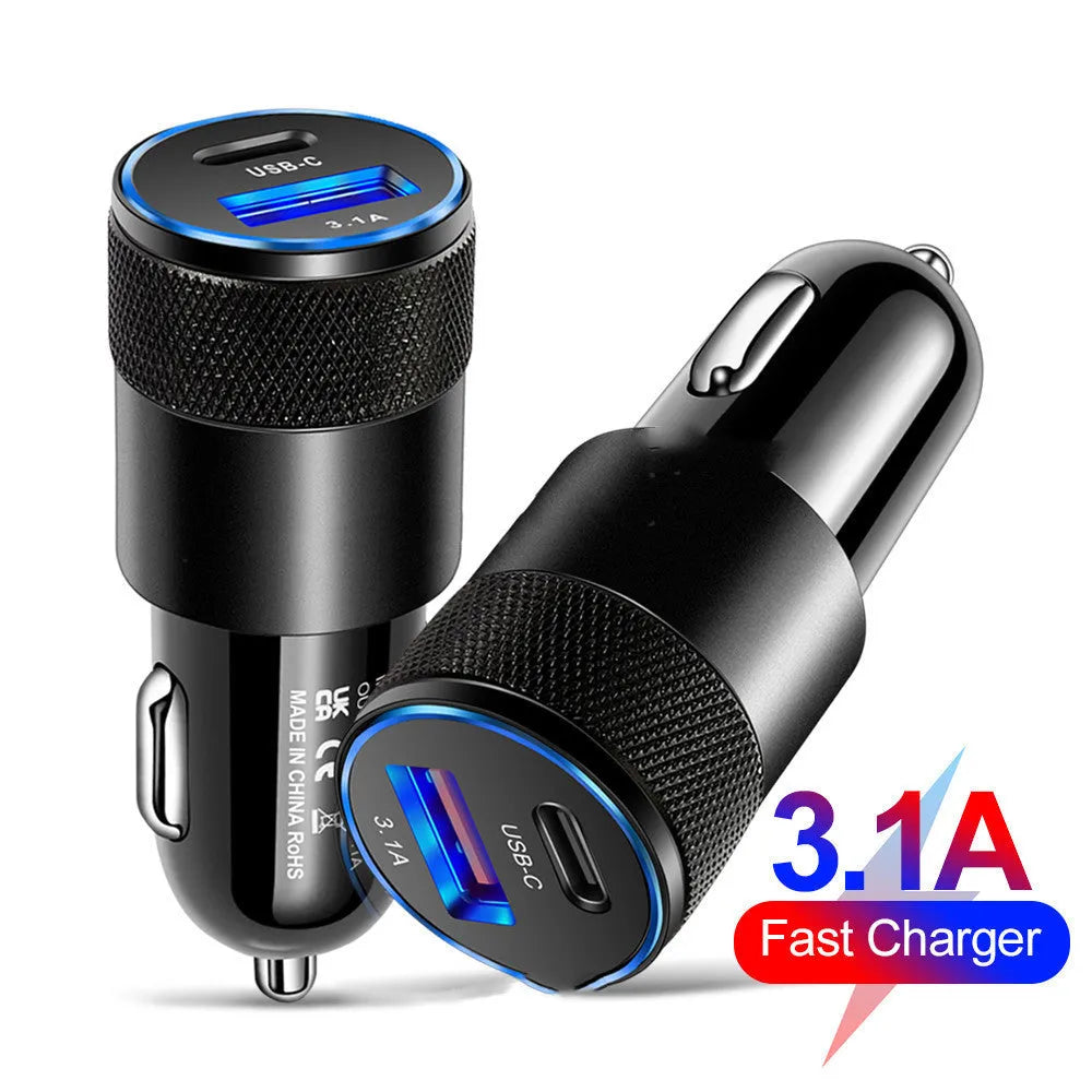 Aluminium alloy mobile phone car charger 12V input 2.5x6cm ABS plastic in Black Silver finish