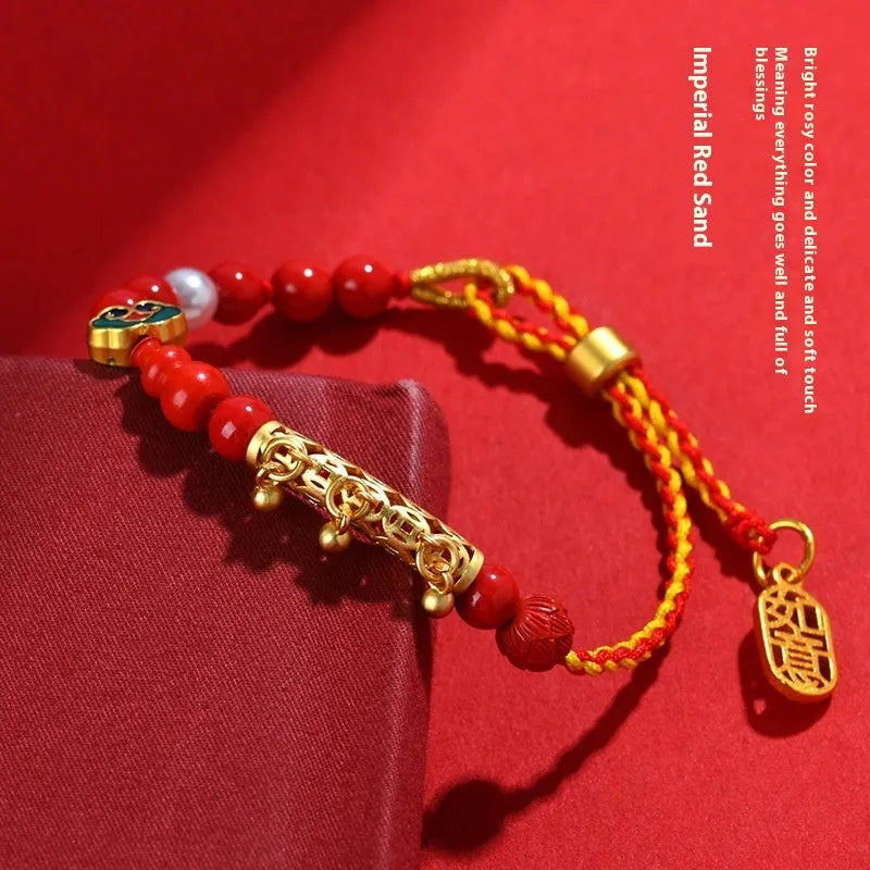 Hand-woven cinnabar red rope bell-bracelet with round geometry national style design