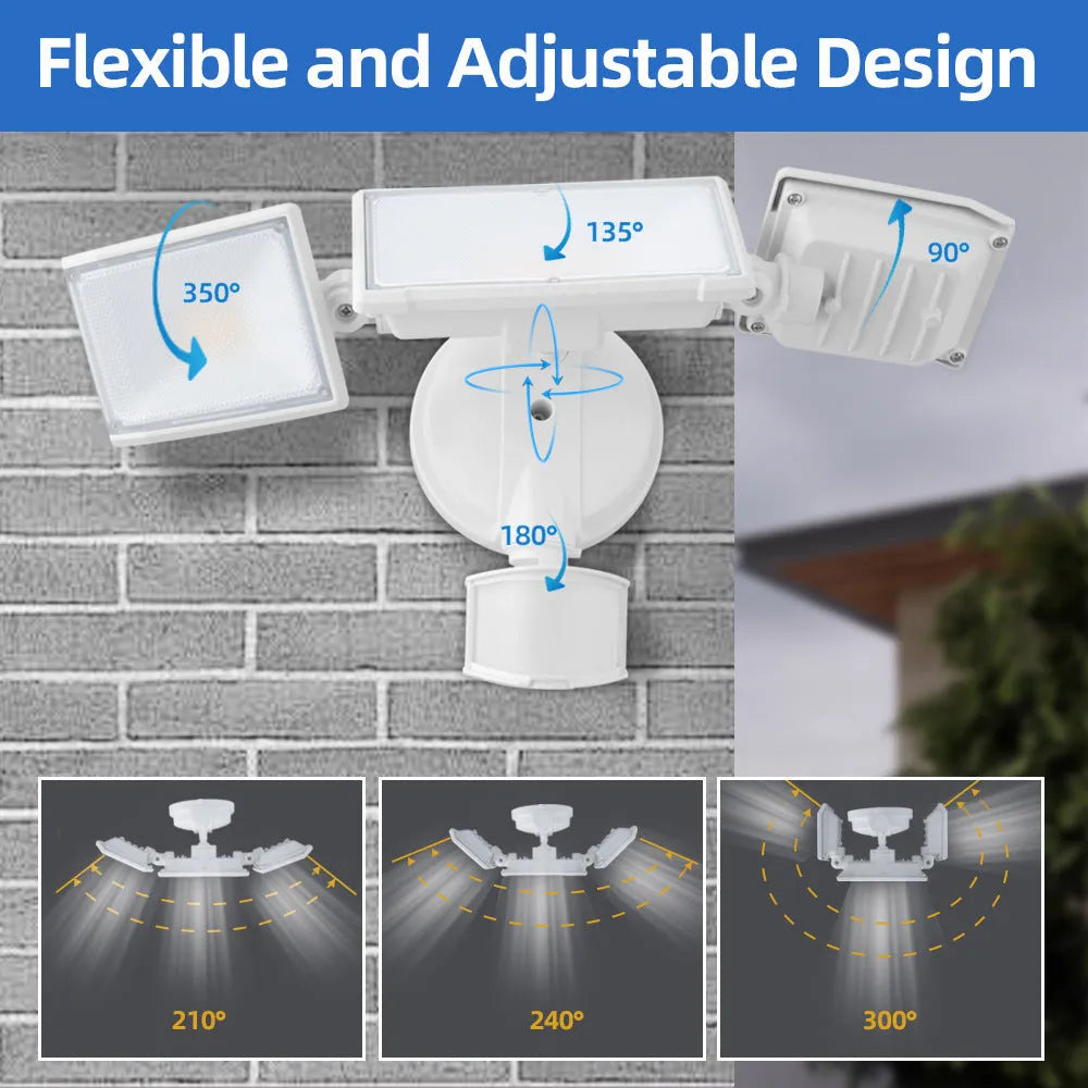 White outdoor LED security floodlight with motion sensor mounted on wall bracket