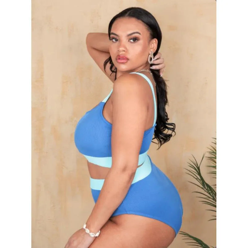 Women's polyester high-waist bikini swimsuit set in picture colour showing stitching details