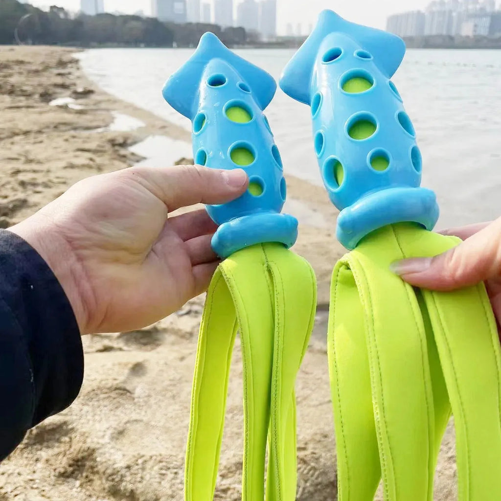 Blue squeaky cuttlefish dog toy for teeth cleaning and fetch, 39 cm, rubber and waterproof cloth