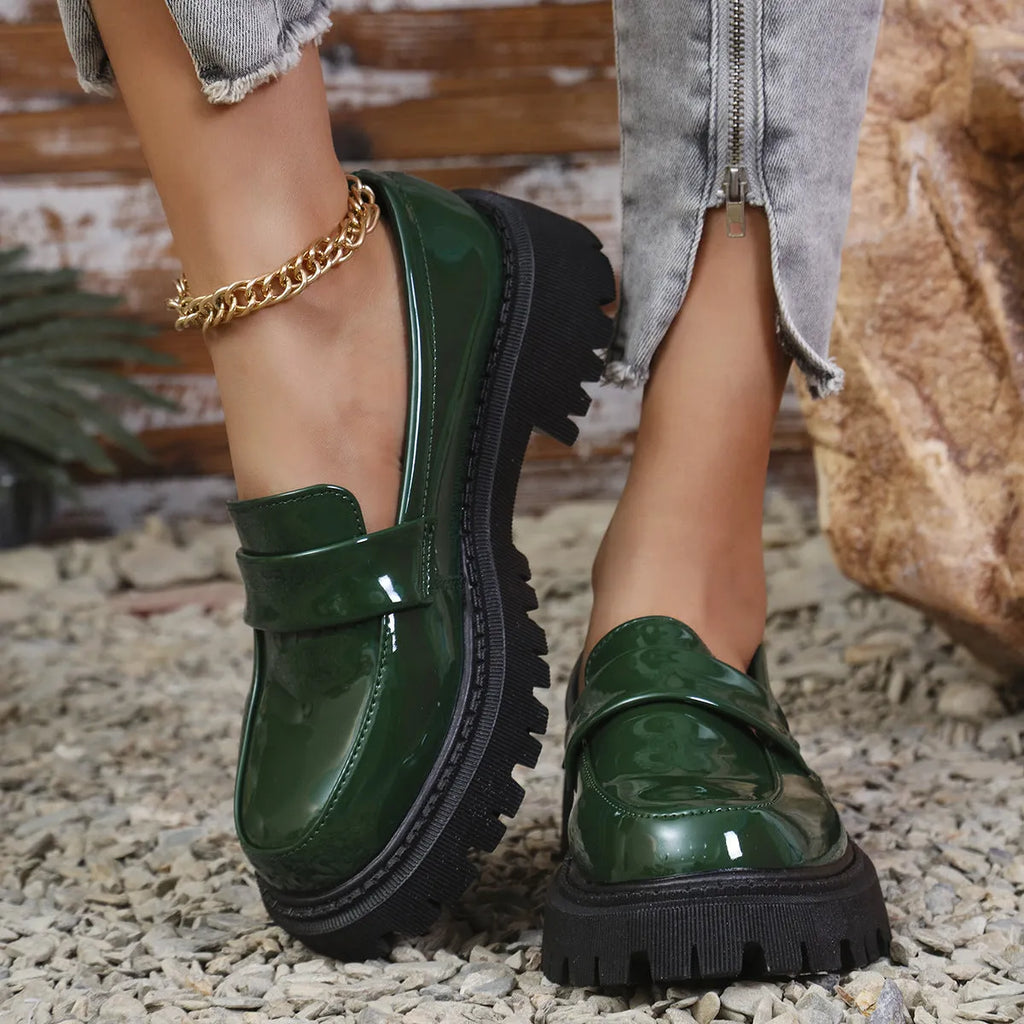 Plus size slip-on loafers with chunky heel in black, green, or wine red