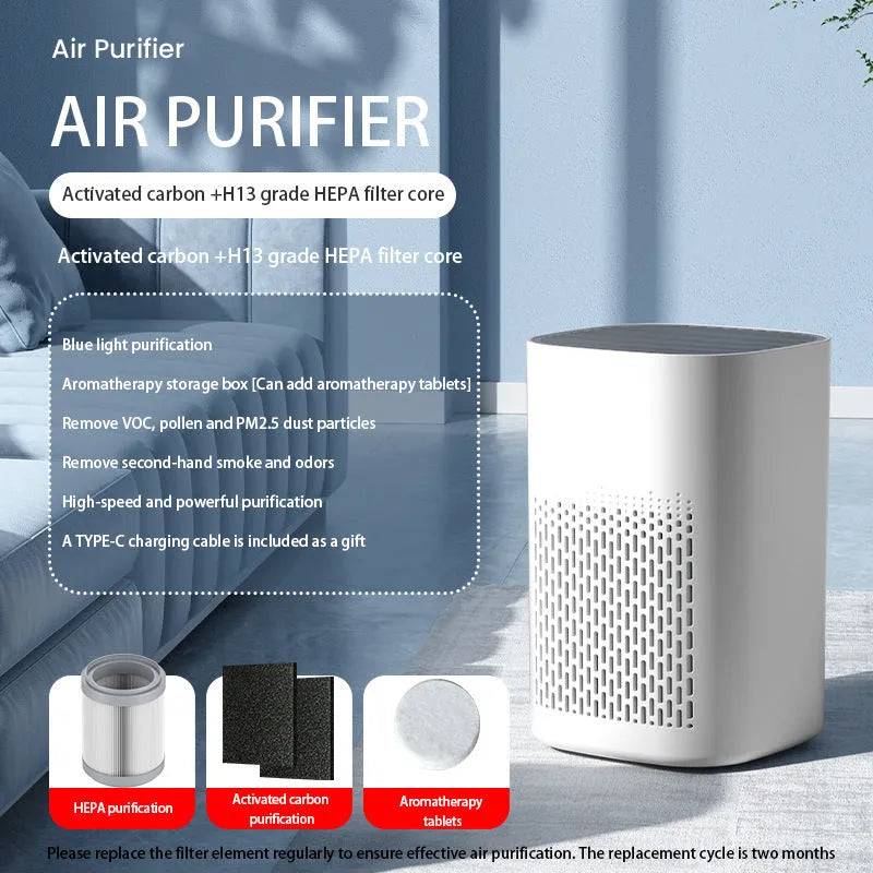 USB-powered desktop air purifier with panel heating for small rooms under 10 square metres