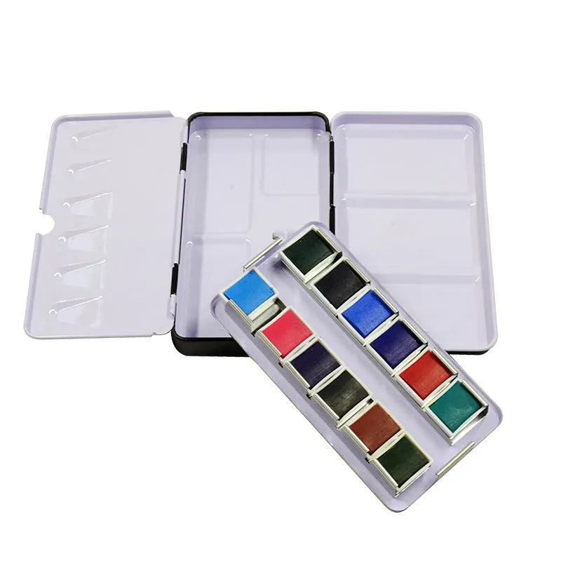 Solid square tinplate watercolour paint box for artist pigments in three size options.