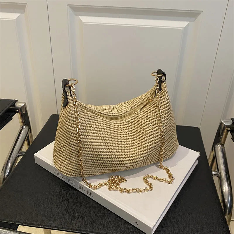 Women's woven straw crossbody bag in horizontal square shape with phone pocket, khaki colour