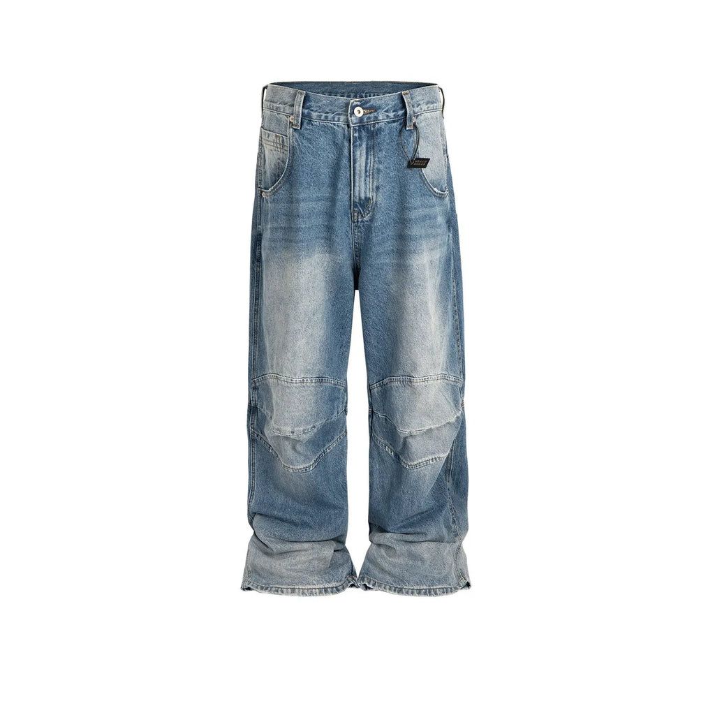Profile pleated baggy washed white blue cotton denim straight-leg jeans with zip fly