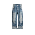 Profile pleated baggy washed white blue cotton denim straight-leg jeans with zip fly