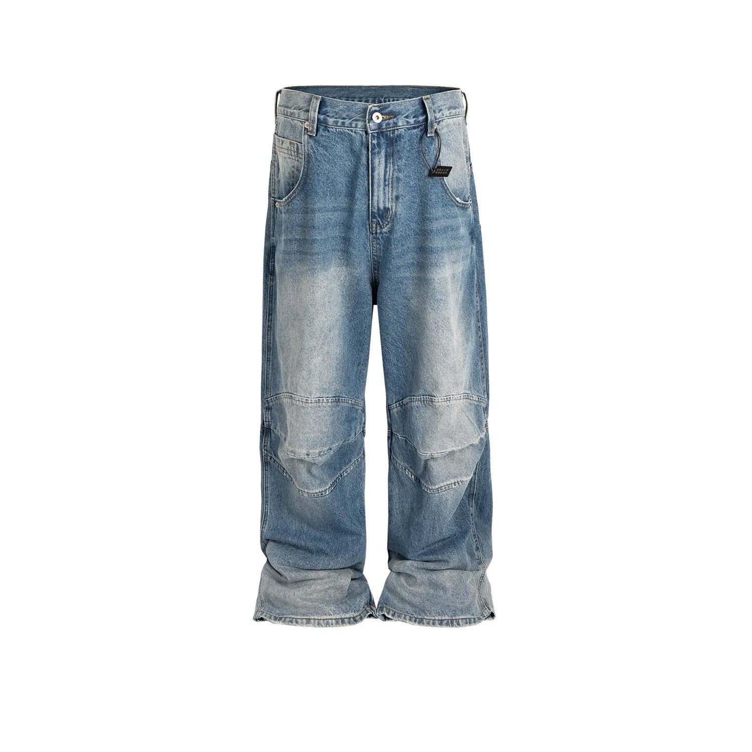 Profile pleated baggy washed white blue cotton denim straight-leg jeans with zip fly