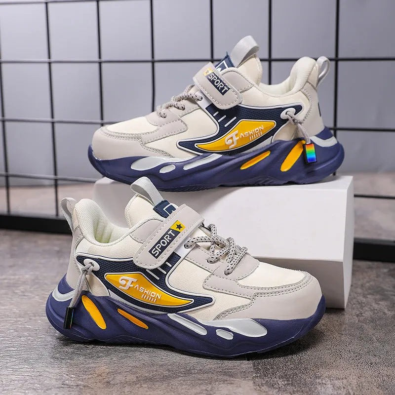Boys' dark blue and beige PU mesh sports running shoes with Velcro strap and platform sole.