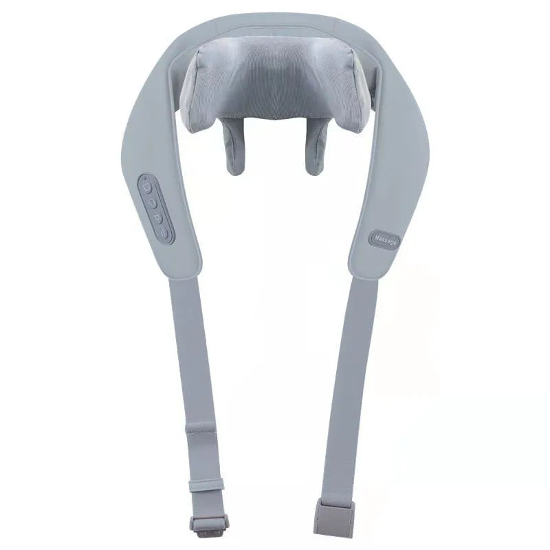 Gray multifunctional neck back waist massager with elastic fabric and infrared physiotherapy features