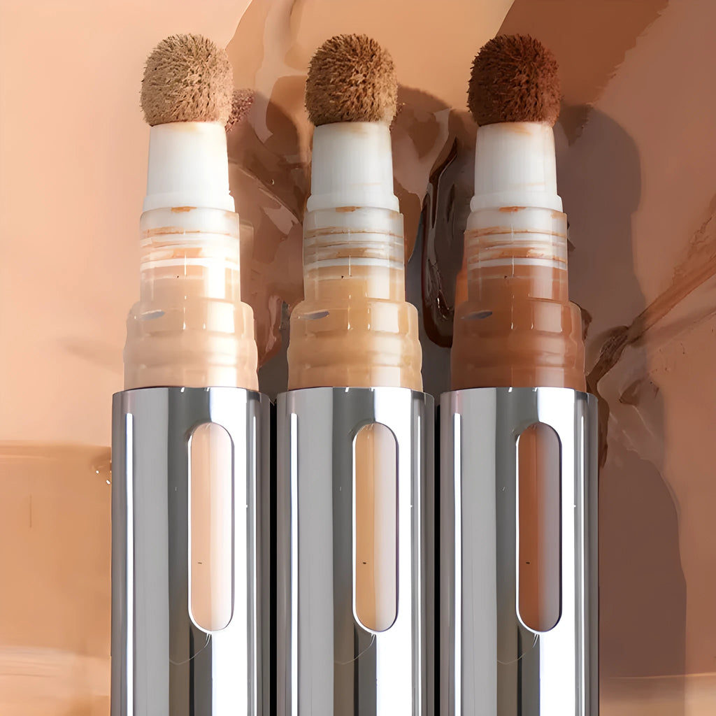 A liquid concealer pen with waterproof, sweatproof formula, shown with 24 different colour shade options.