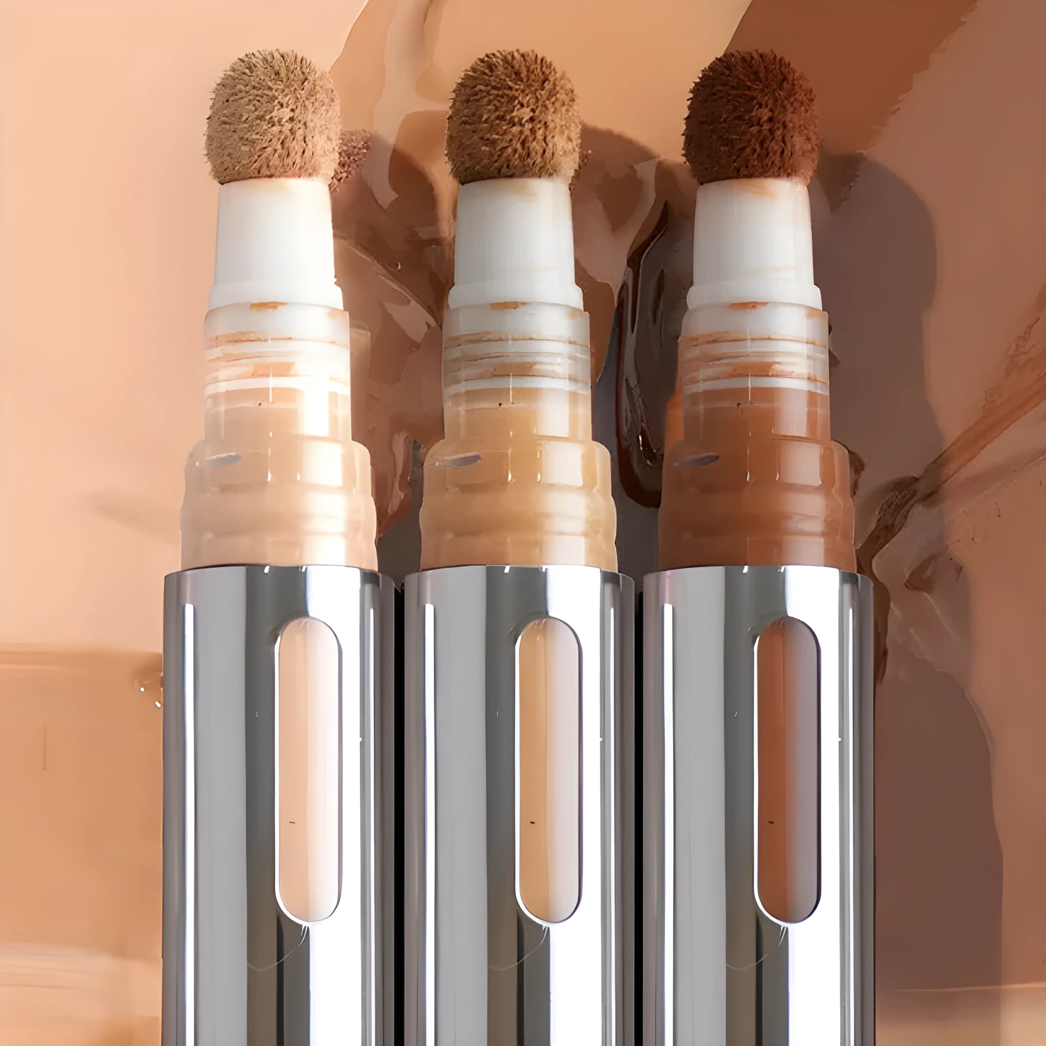 A liquid concealer pen with waterproof, sweatproof formula, shown with 24 different colour shade options.
