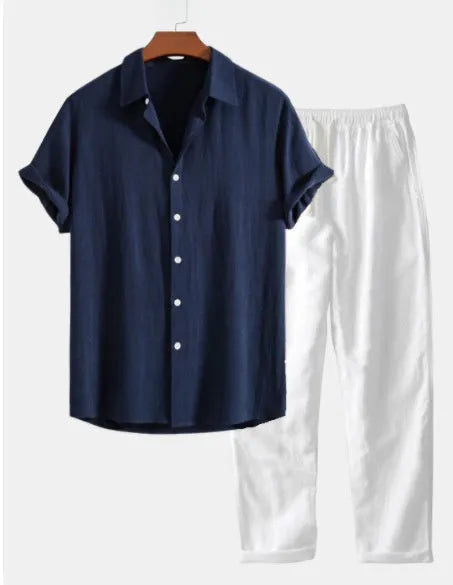 Casual loose-fit cotton linen short sleeve suit in navy blue, shown with included accessories.