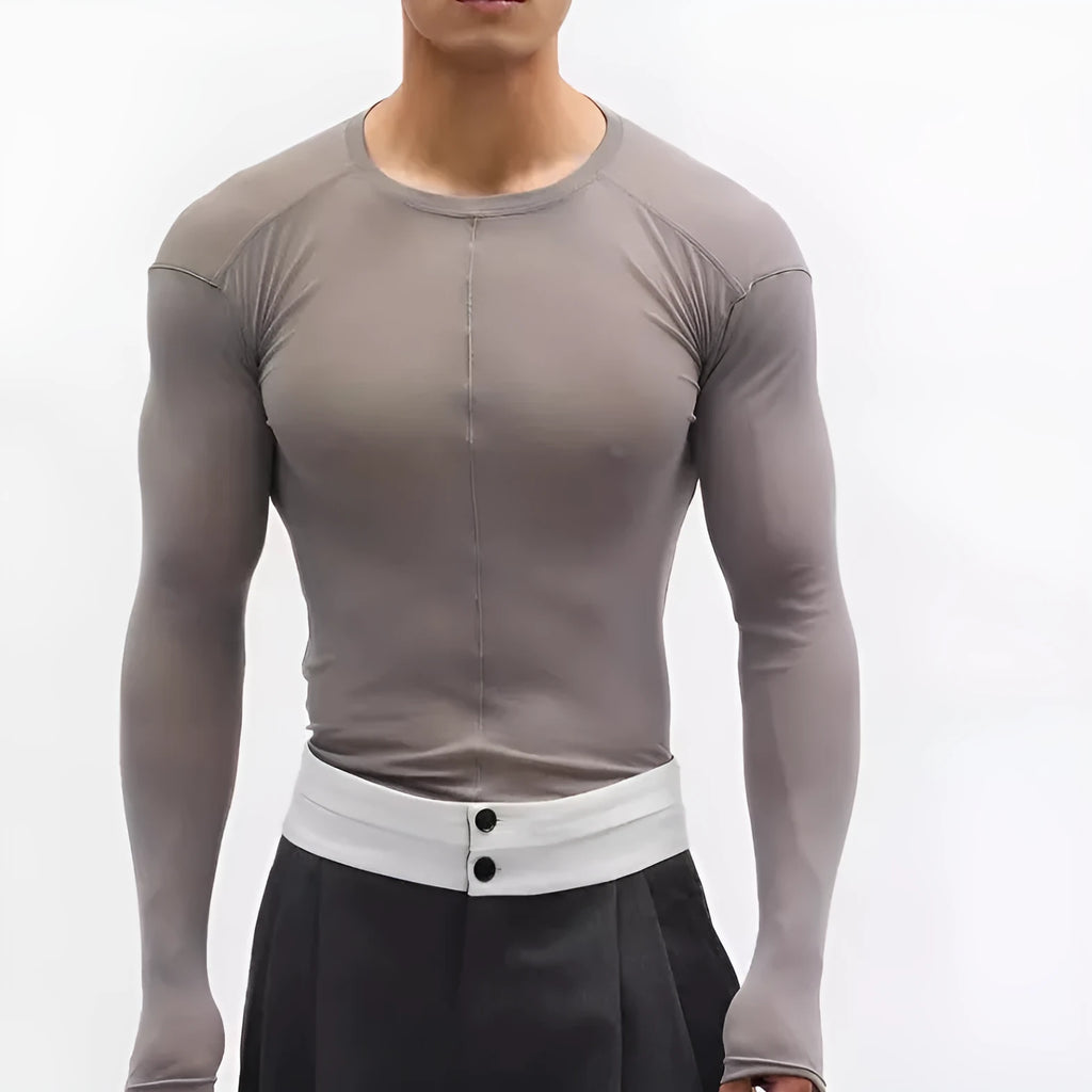 Black slim-fit women's mesh pullover with long sleeves and a see-through texture.