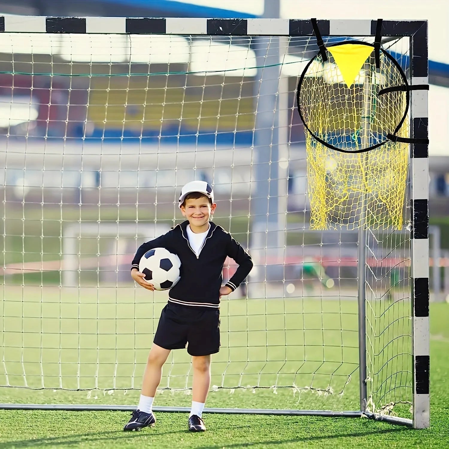 Portable soccer training goal net with aluminium frame in yellow colour option set up for practice