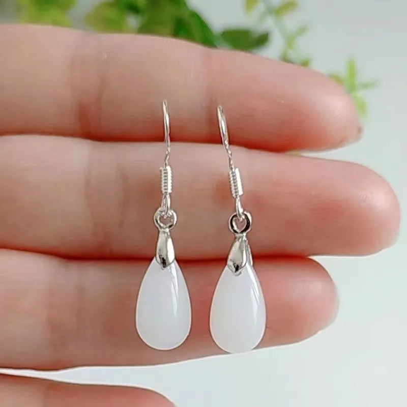 Natural Hetian Water Drop Female Jade Eardrop Earrings Alloy Studs Fashion Commuter Gray White Emerald