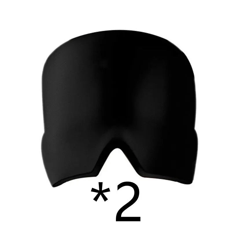 Black elastic cloth gel headache relief eye mask with adjustable head strap on a white background.