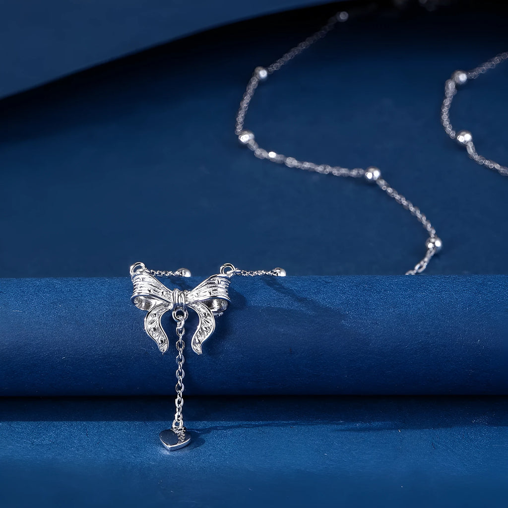 925 silver adjustable clavicle chain necklace with butterfly and heart pendants on O-ring chain