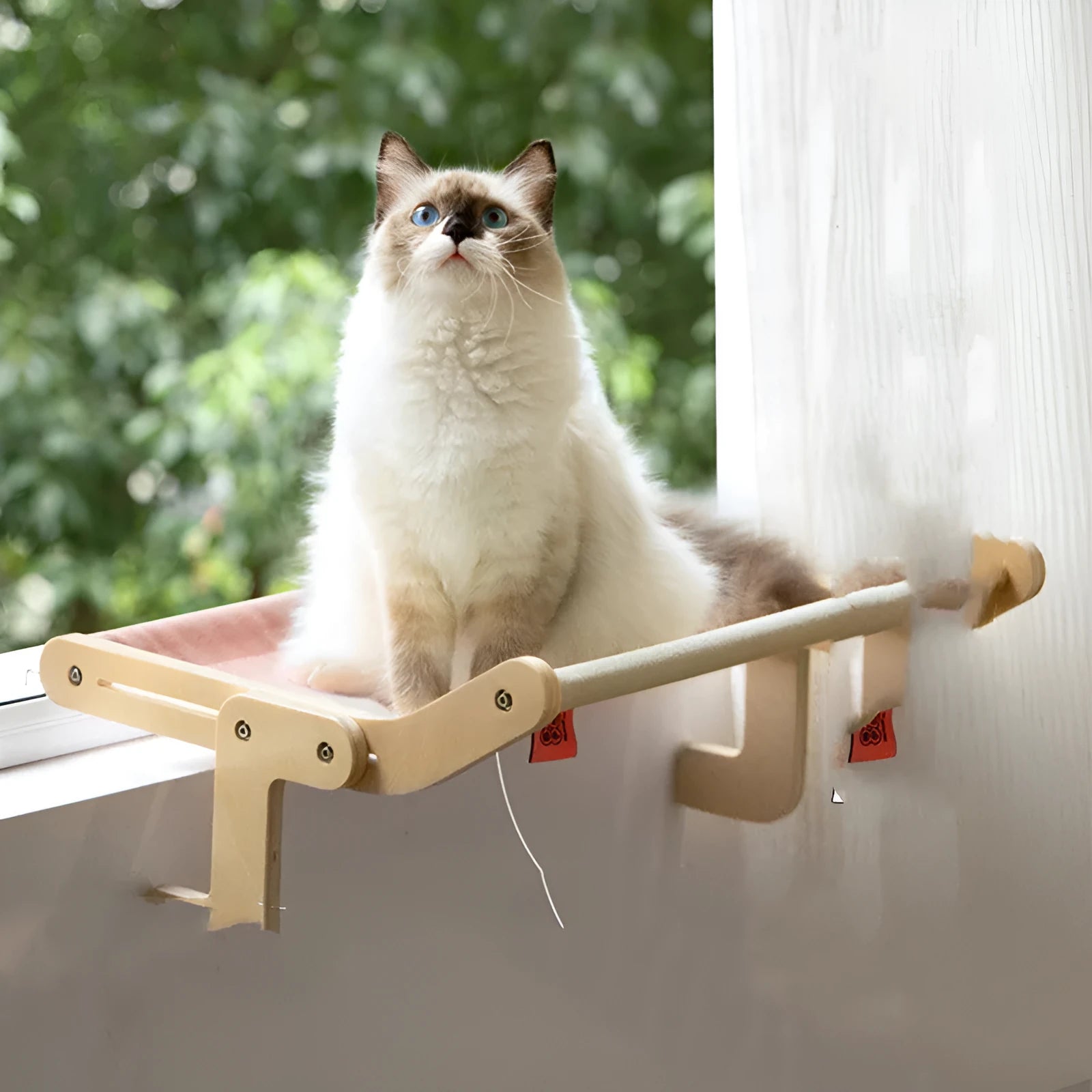 Grey powder wood cat hanging bed hammock measuring 470x395x215mm for window or balcony use.