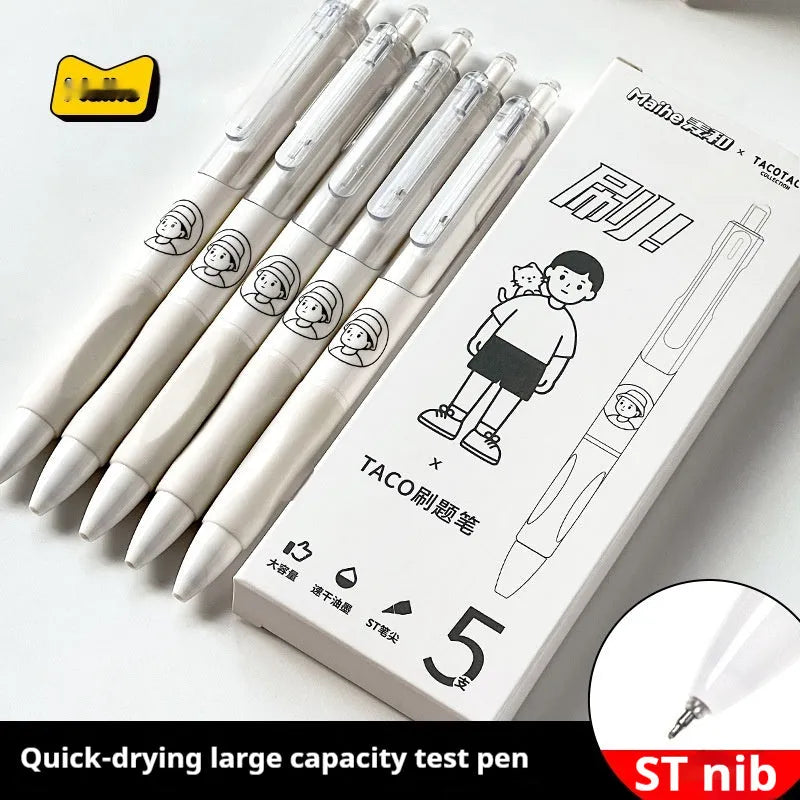Five white Taco ballpoint pens with 0.5mm black ink refills