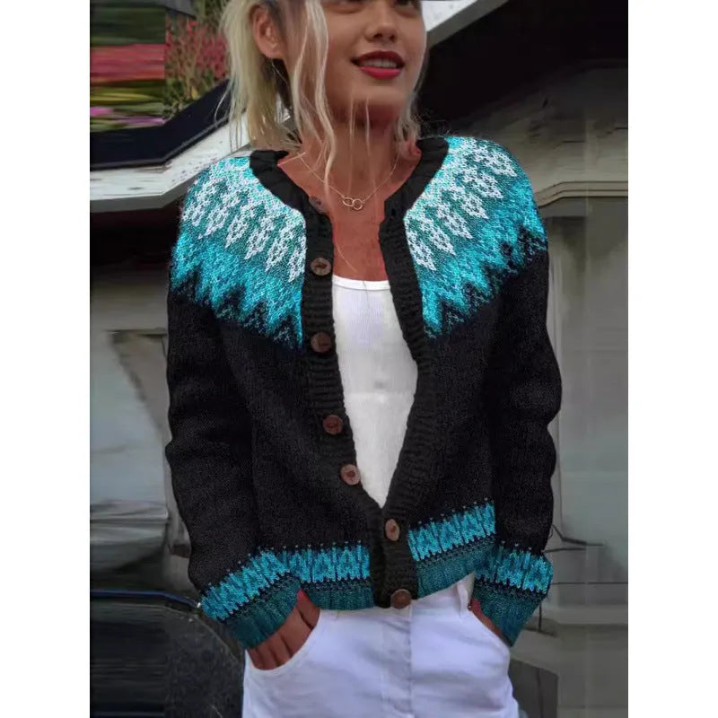 Digital printing cardigan knitted coat with 3D yellow pattern, regular sleeves, polyester fabric, side view